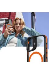 iPhone 16 Uyumlu Magsafe Şarj Özellikli Renkli Kenar Airbag Şeritli BSAY Lamer Kapak-Siyah Turuncu