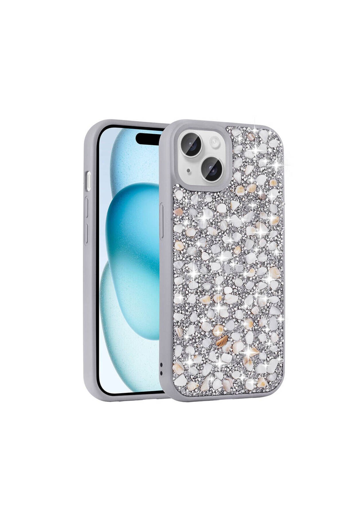 iPhone 15 Plus Kılıf Parlak Taşlı Tasarım BSAY Linea Kapak - Gümüş Gümüş