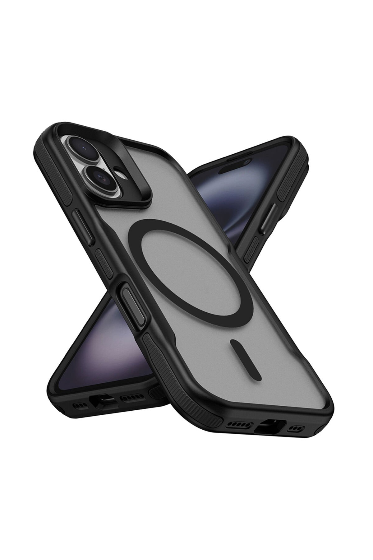 iPhone 16 Plus Uyumlu Magsafe Şarj Özellikli Renkli Kenar Airbag Şeritli BSAY Lamer Kapak-Siyah Siyah