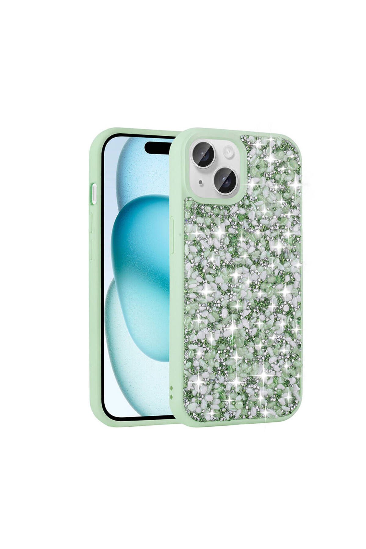 iPhone 15 Plus Kılıf Parlak Taşlı Tasarım BSAY Linea Kapak - Gümüş Açık Yeşil