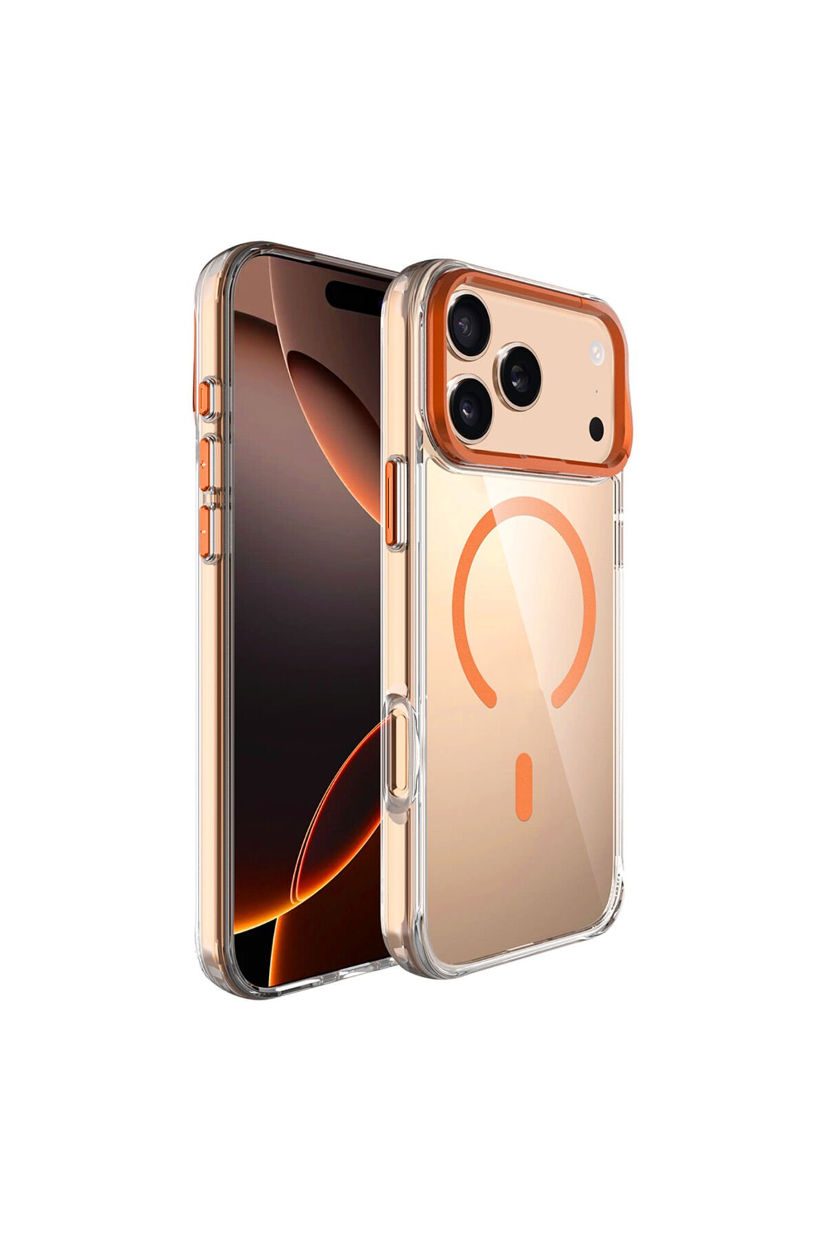 iPhone 17 Pro Max Kılıf M-safe Şarj Özellikli Airbagli Kamera Standlı BSAY Azor Kapak - Turuncu