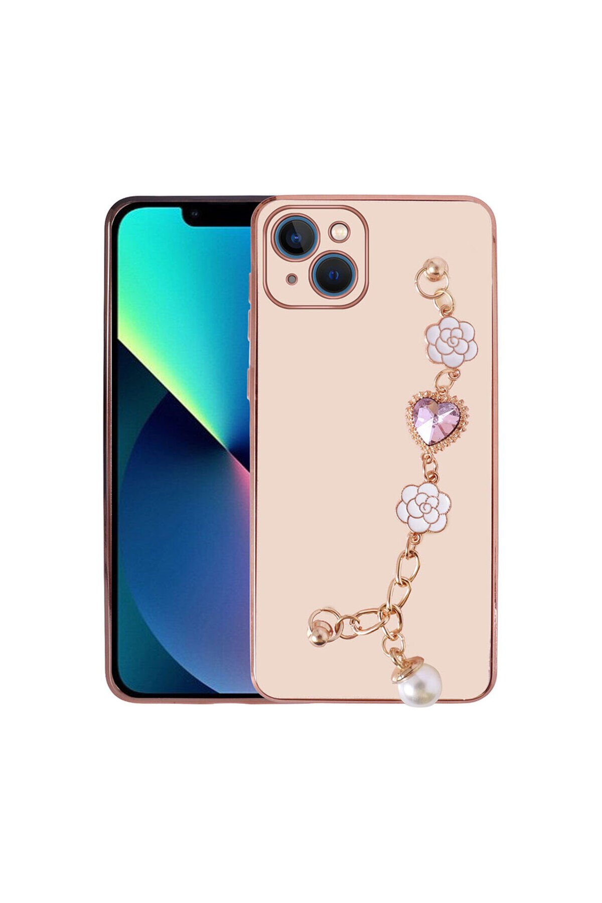 iPhone 14 Uyumlu El Tutamaçlı Kamera Korumalı BSAY Taka Silikon Kılıf-Siyah Pembe