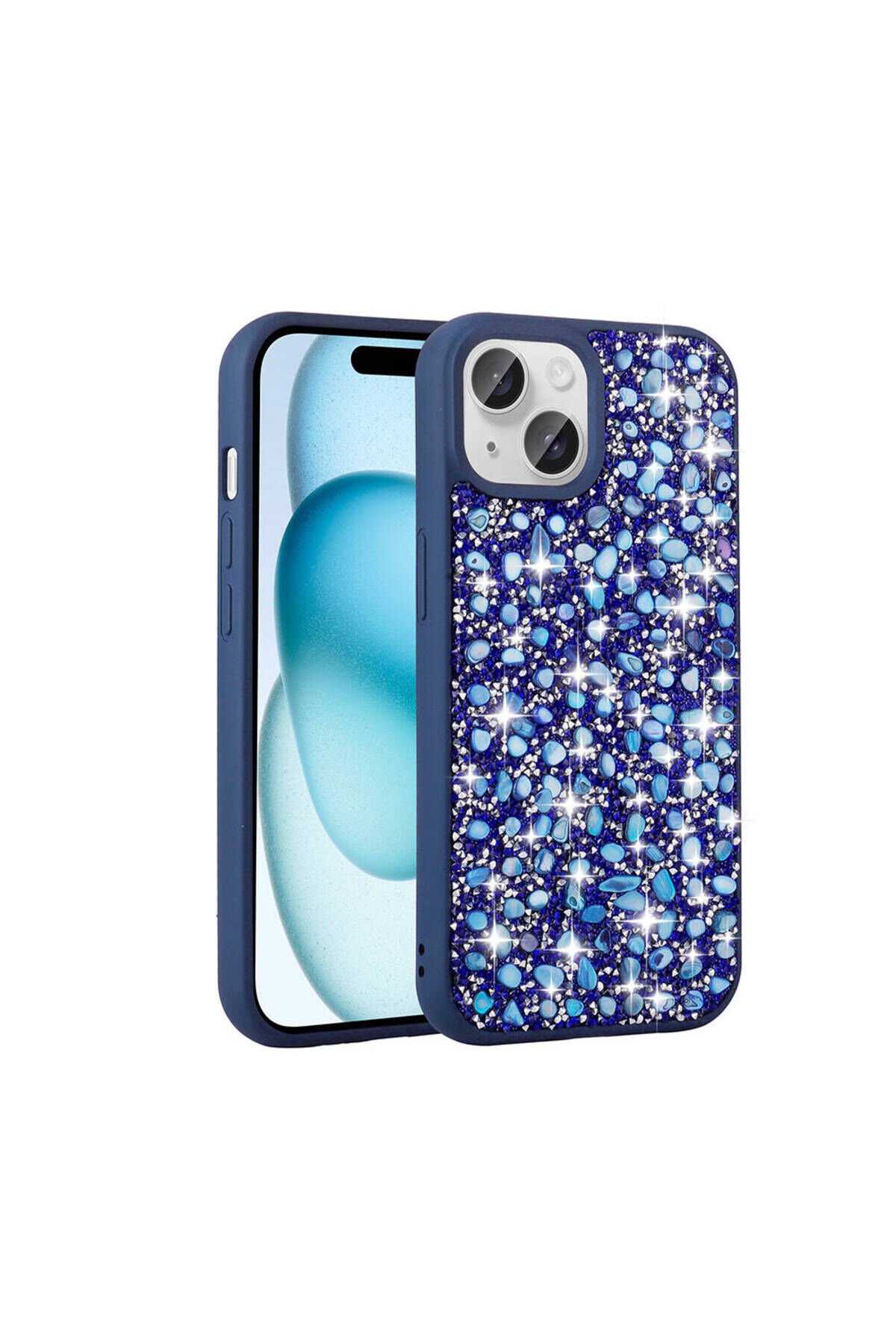 iPhone 15 Plus Kılıf Parlak Taşlı Tasarım KLFK Linea Kapak - Mavi Açık Mavi Açık