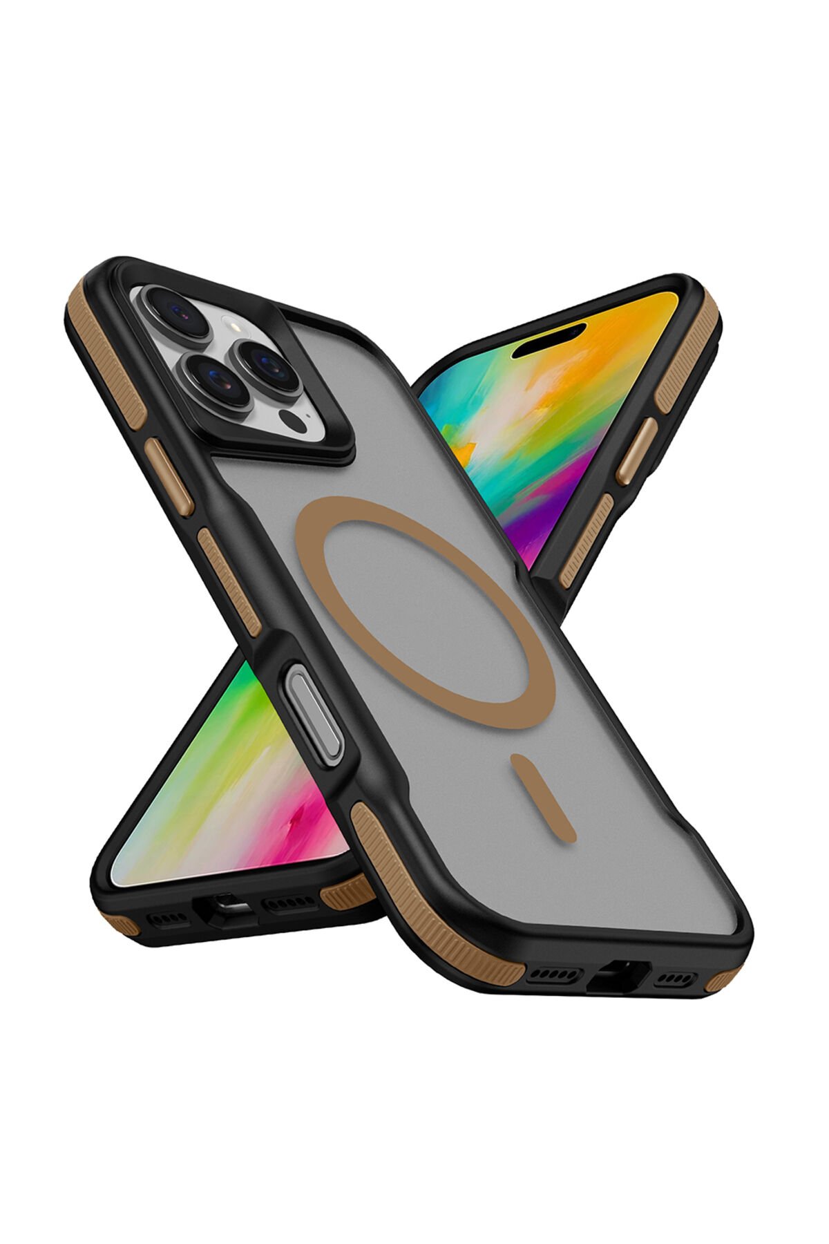 iPhone 16 Pro Uyumlu Magsafe Şarj Özellikli Renkli Kenar Airbag Şeritli BSAY Lamer Kapak-Turuncu Titanyum-Gold