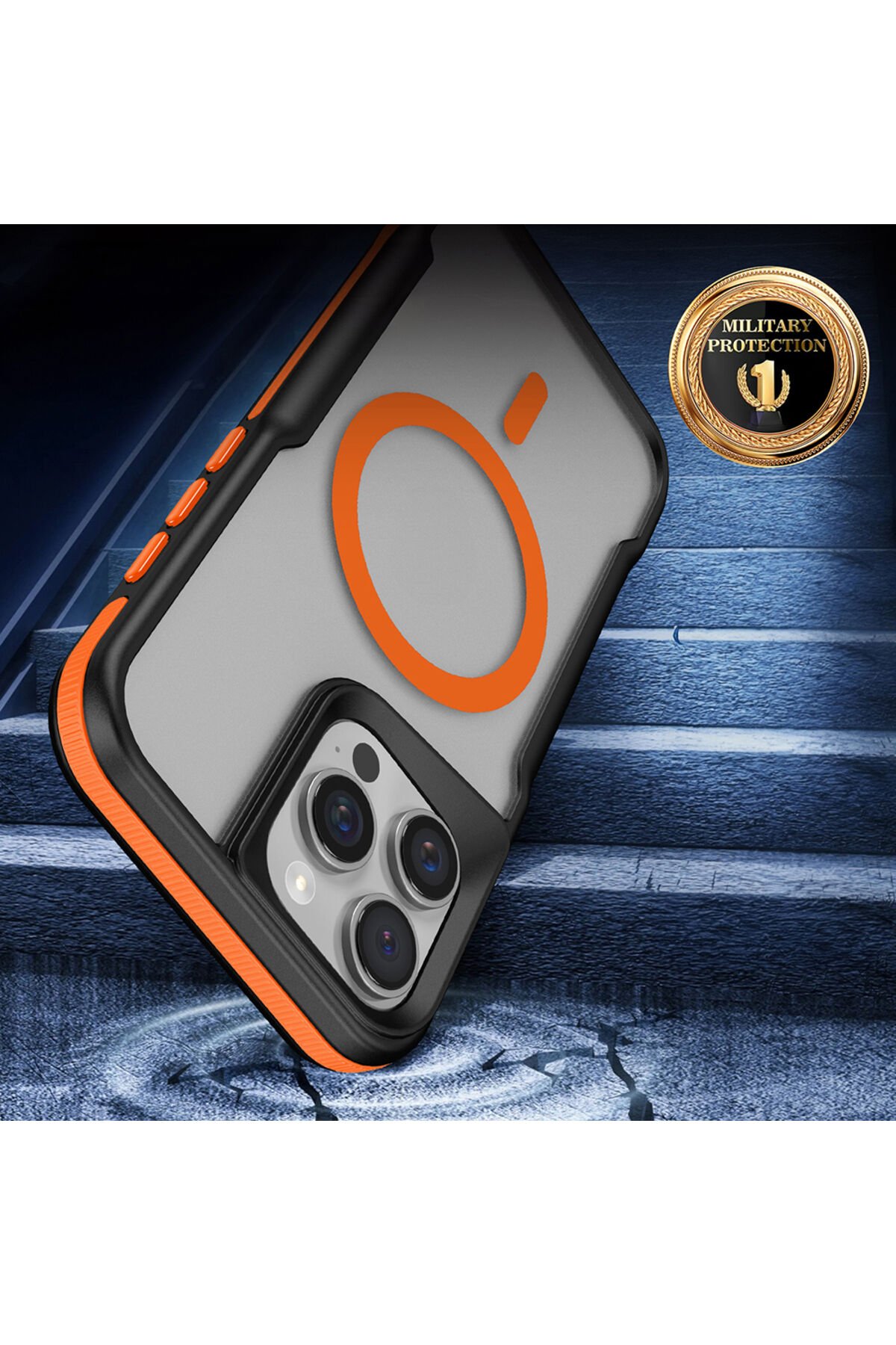 iPhone 16 Pro Uyumlu Magsafe Şarj Özellikli Renkli Kenar Airbag Şeritli BSAY Lamer Kapak-Turuncu Titanyum-Gold